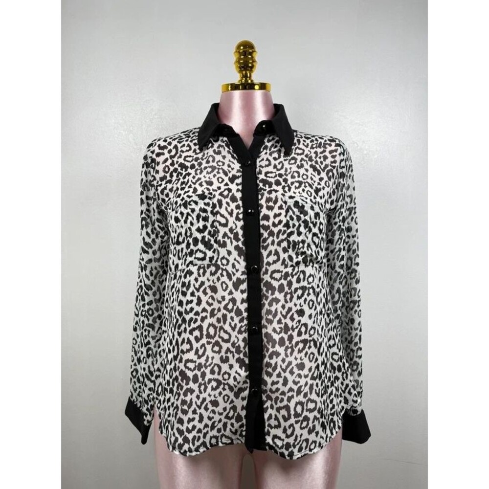 Monteau Leopard Print Button Front Blouse Black & White Size Medium